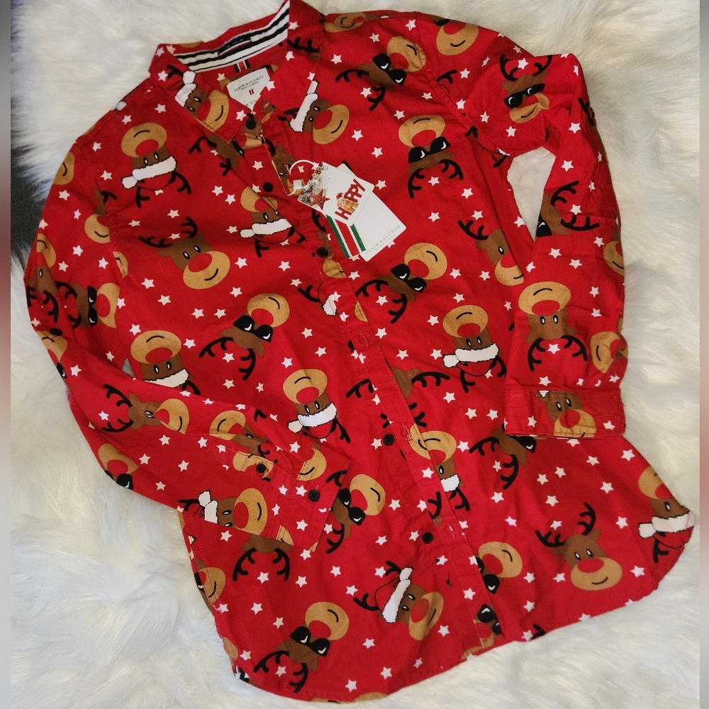 Boys Denim & Flower Christmas Shirt 13/14 NWT